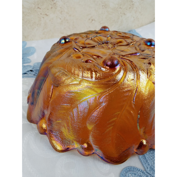 Indiana Glass Flower & Leaf Marigold Carnival Scalloped Footed Serving Bowl 9" - Picture 10 of 12